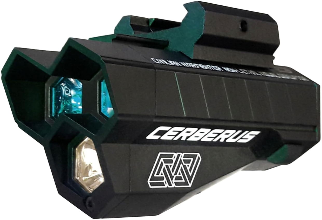 CERBERUS visual disruptor device with green hexagonal emitters glowing